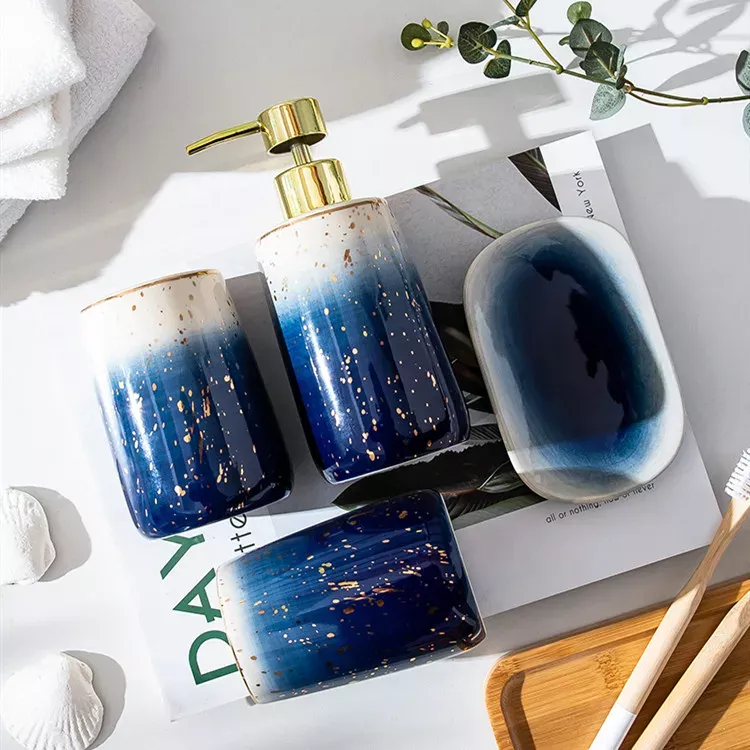 Elegant Blue Starry Sky Ceramic Bathroom Set