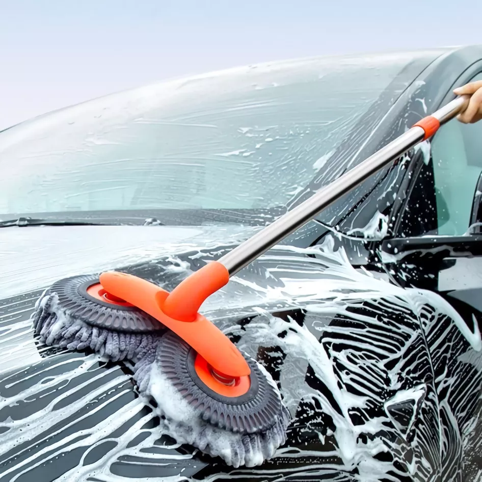 3-Section Telescopic Car Wash Mop with Double Brush Head for Roof & Windows