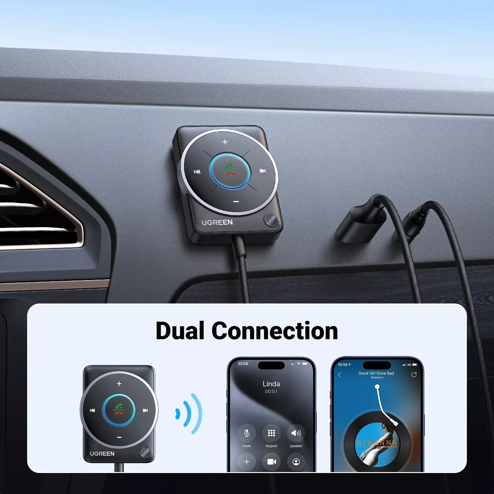 Bluetooth 5.4 Car Receiver Adapter with Mics and Noise Cancellation, USB AUX - Image 2