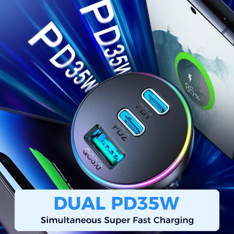 70W USB-C Car Charger Adapter, Dual PD35W & QC3.0 for iPhone, iPad, Android - Image 3