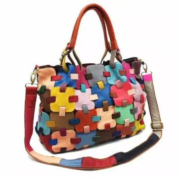 Large Genuine Leather Tote Bag - Multicolor Crossbody Shoulder Bag