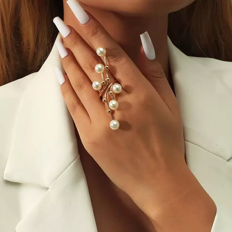 Vintage White Pearl Geometric Double Layer Ring - Image 2