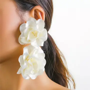 Elegant Oversized Fabric Flower Drop Earrings