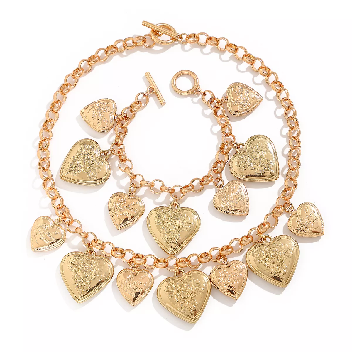 Vintage Cuban Chain Necklace and Heart Pendant Bracelet Set - Image 5