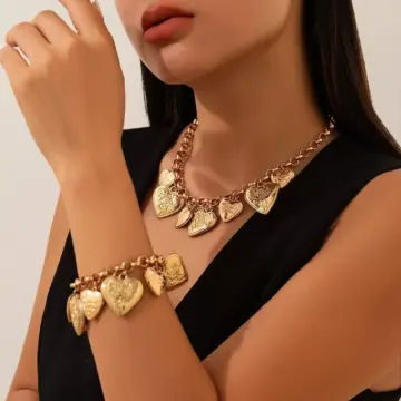 Vintage Cuban Chain Necklace and Heart Pendant Bracelet Set