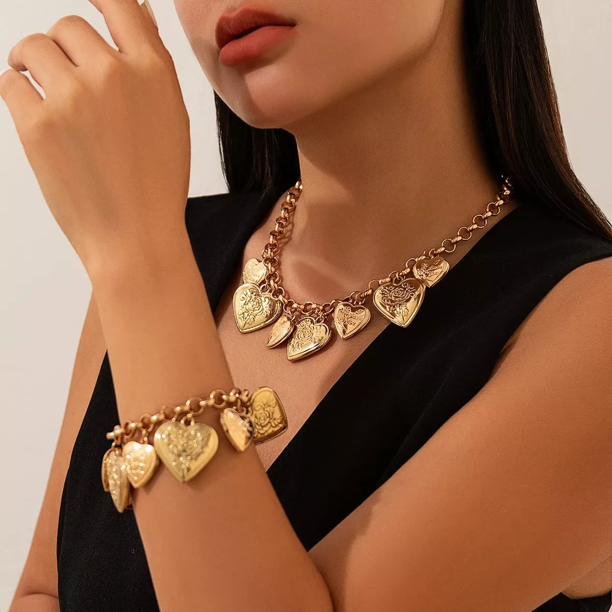 Vintage Cuban Chain Necklace and Heart Pendant Bracelet Set