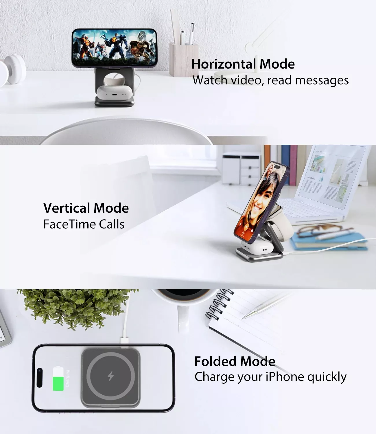 3-in-1 Foldable Magnetic Wireless Charging Stand for iPhone, Apple Watch, and AirPods - Image 5