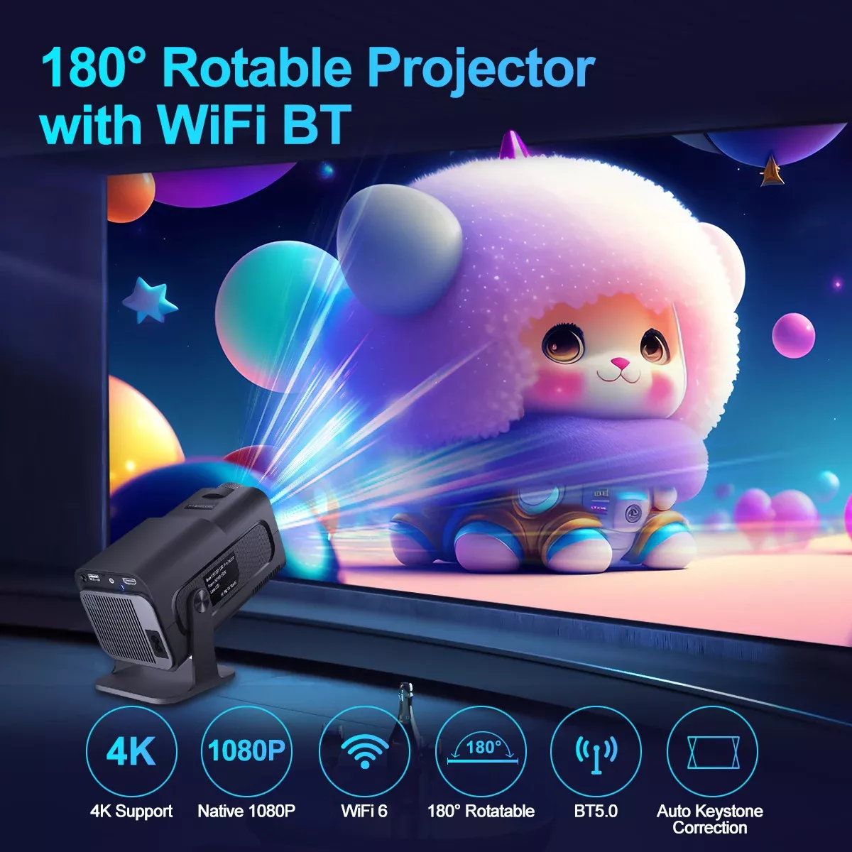 4K 1080P Portable Projector with Android 11, WiFi6, Bluetooth, 390 ANSI Lumens - Image 2