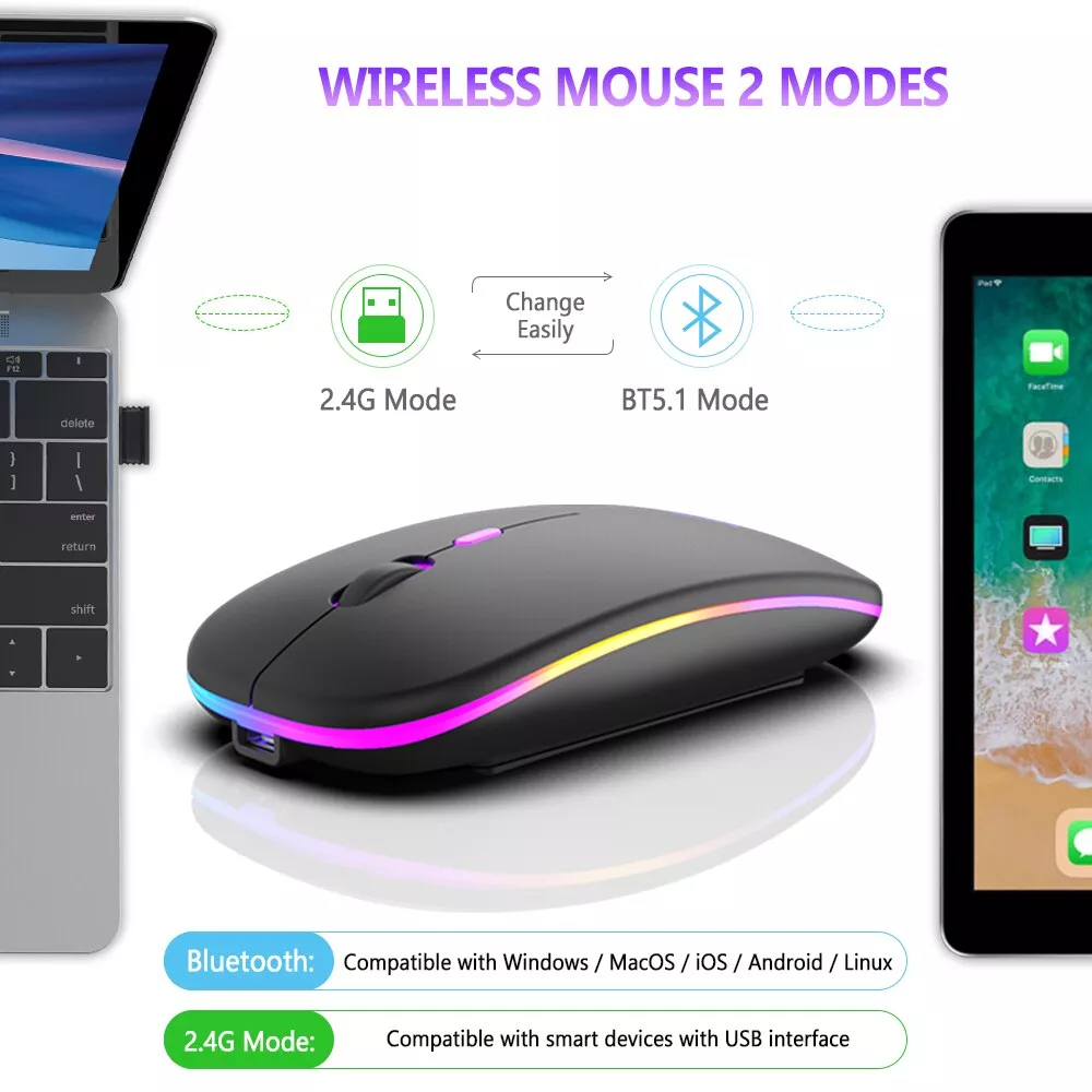 Dual-Mode Wireless Bluetooth Mouse, Rechargeable RGB, Silent Click for PC, iPad, Laptop - Image 4
