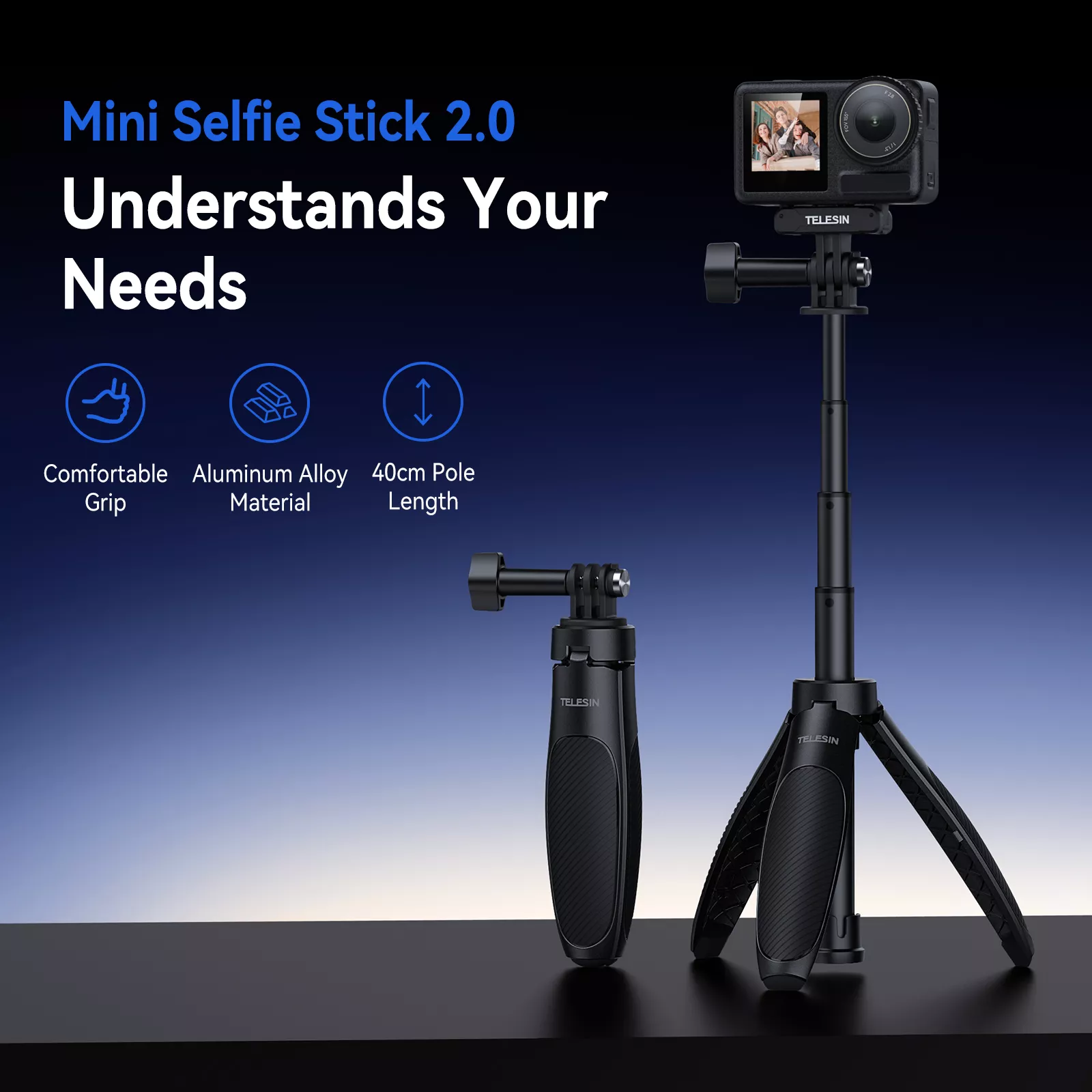 Compact Quick-Release Selfie Stick Tripod for Action Cameras - Image 2