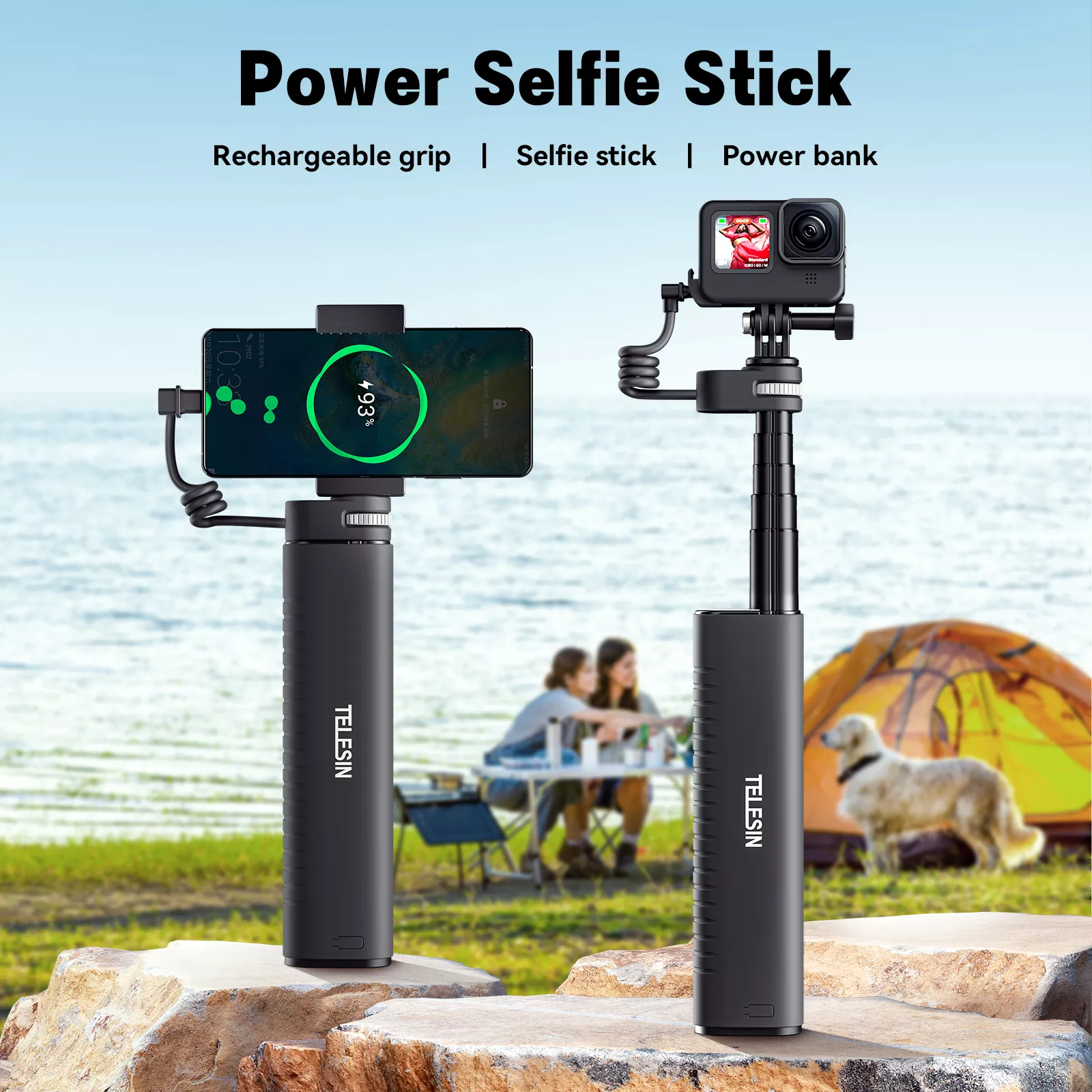 Selfie Stick with Fast Charging Power Bank, 35-Inch Extendable Pole, 1/4 Inch Screw - Image 2