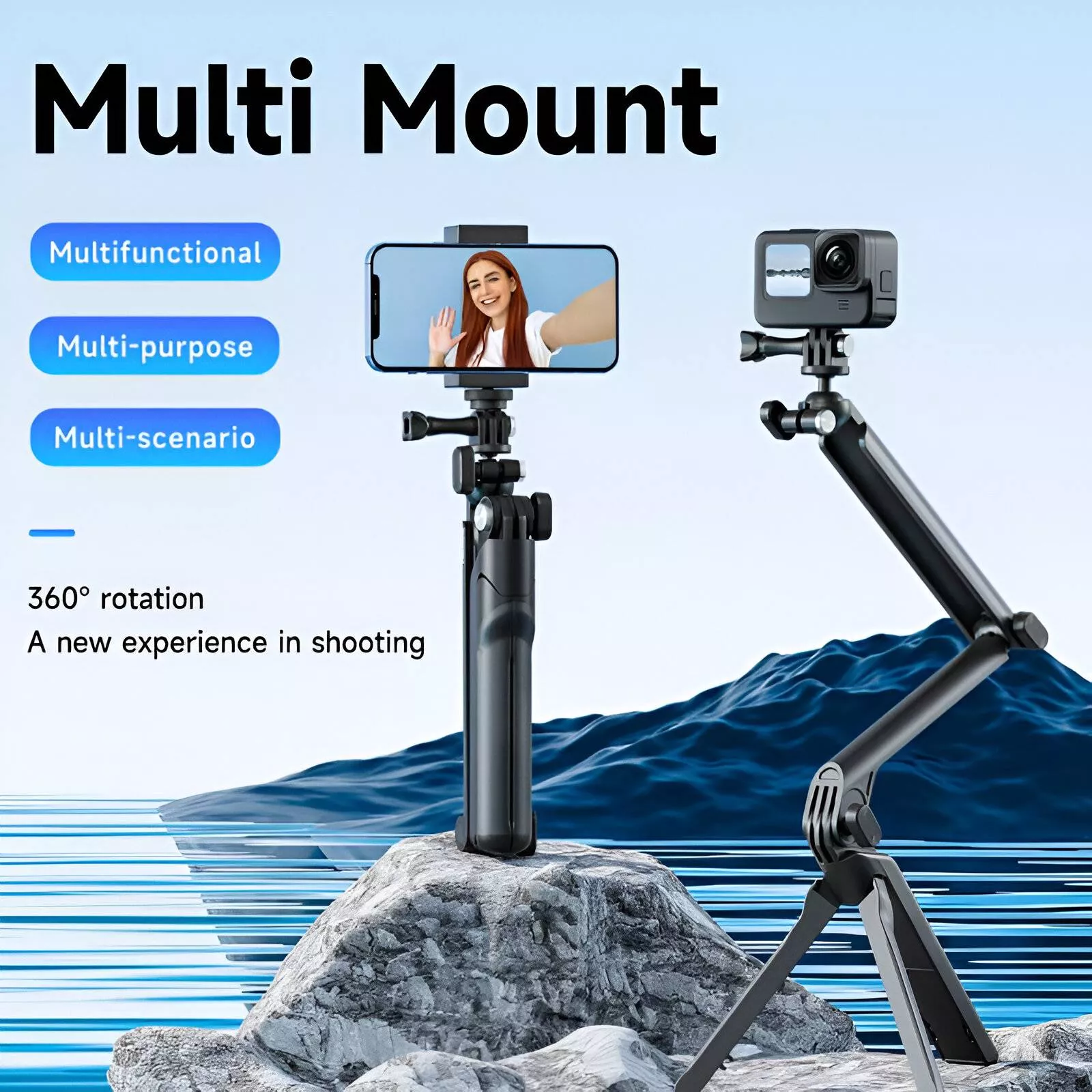 4-in-1 Selfie Stick with Tripod, Adjustable Hand Grip & 360° Rotation for Cameras & Phones - Image 2
