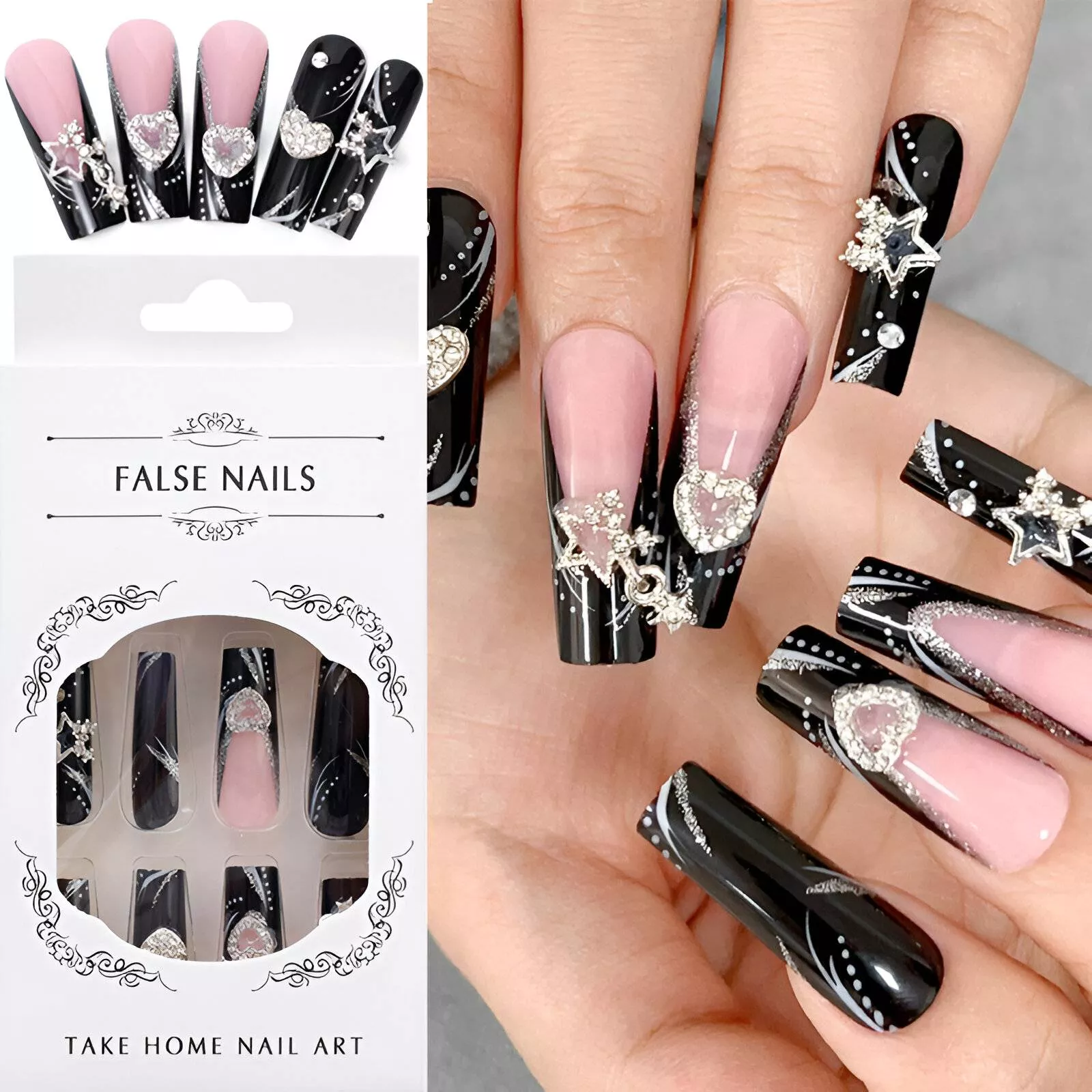 24 Pcs Star & Heart 3D Bowknot Pink Black Short Square False Nails - French Full Cover Nail Art Tips - Image 3