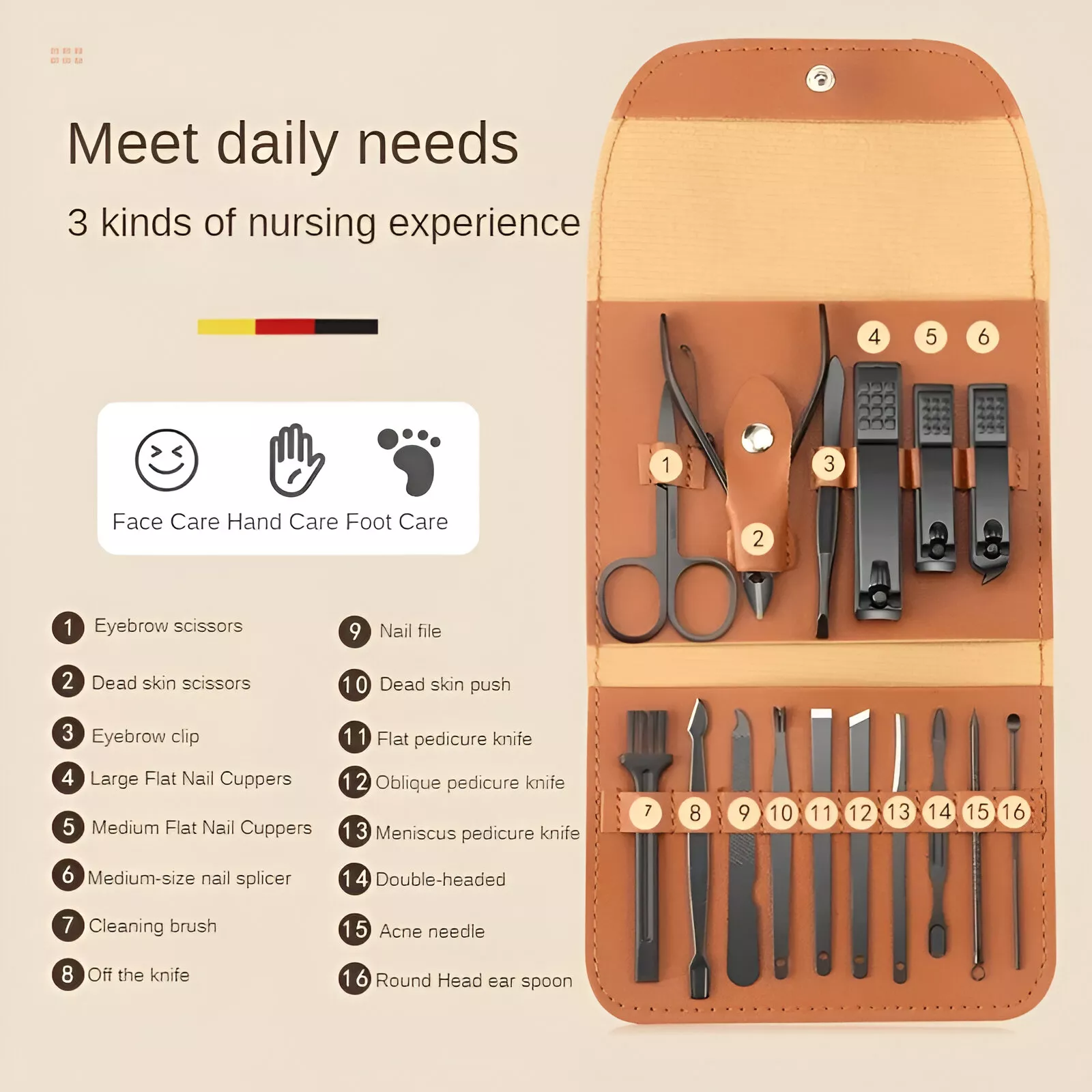 16-in-1 Stainless Steel Professional Manicure and Pedicure Set with Leather Travel Case - Image 4