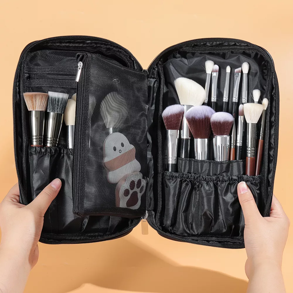 High Capacity Black Canvas Makeup Brush Organizer Bag - Image 4