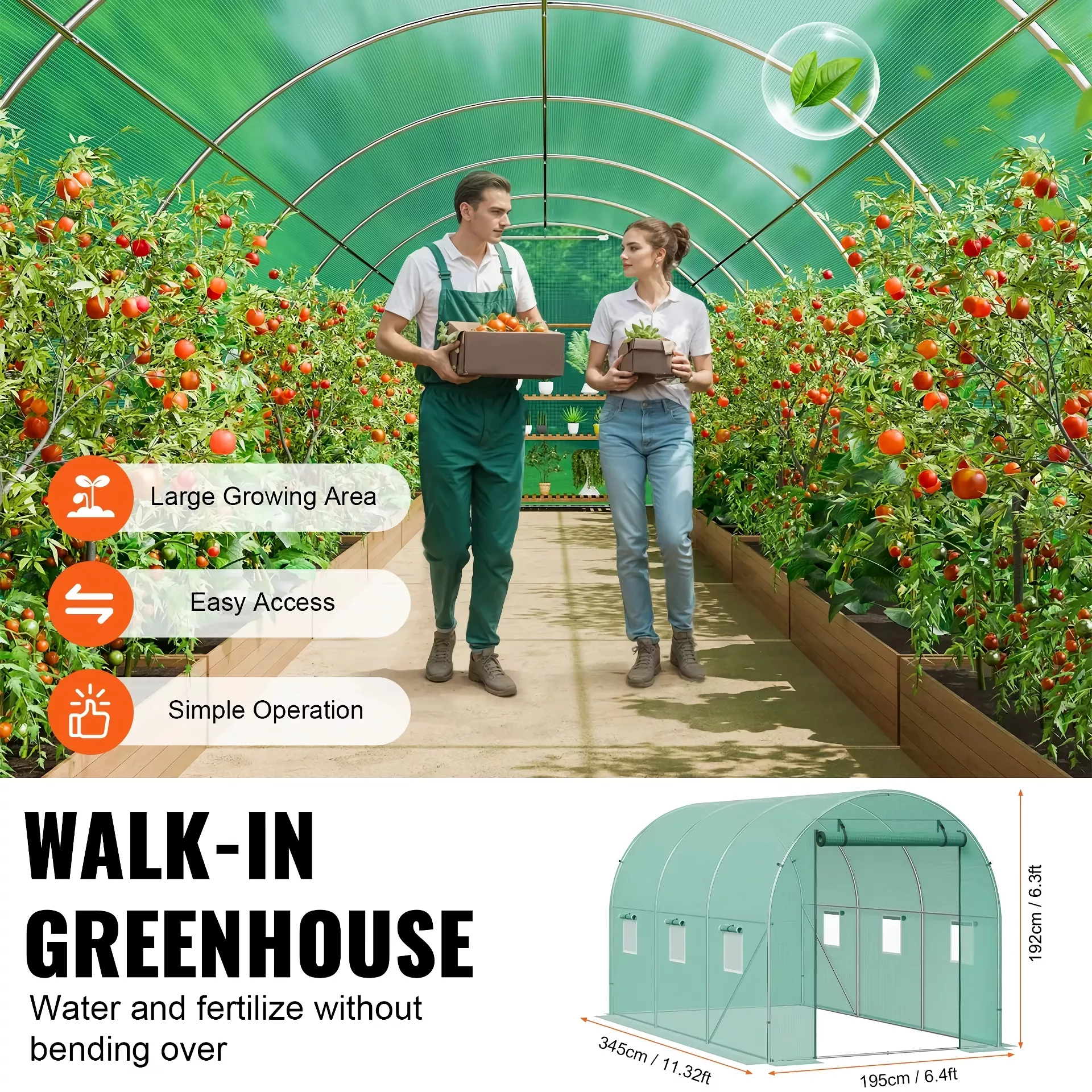Walk-In Tunnel Greenhouse with Steel Frame & Roll-Up Zipper Door – 11.3 x 6.4 ft - Image 4