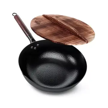 32cm Carbon Steel Wok Pan Set with Wooden Lid