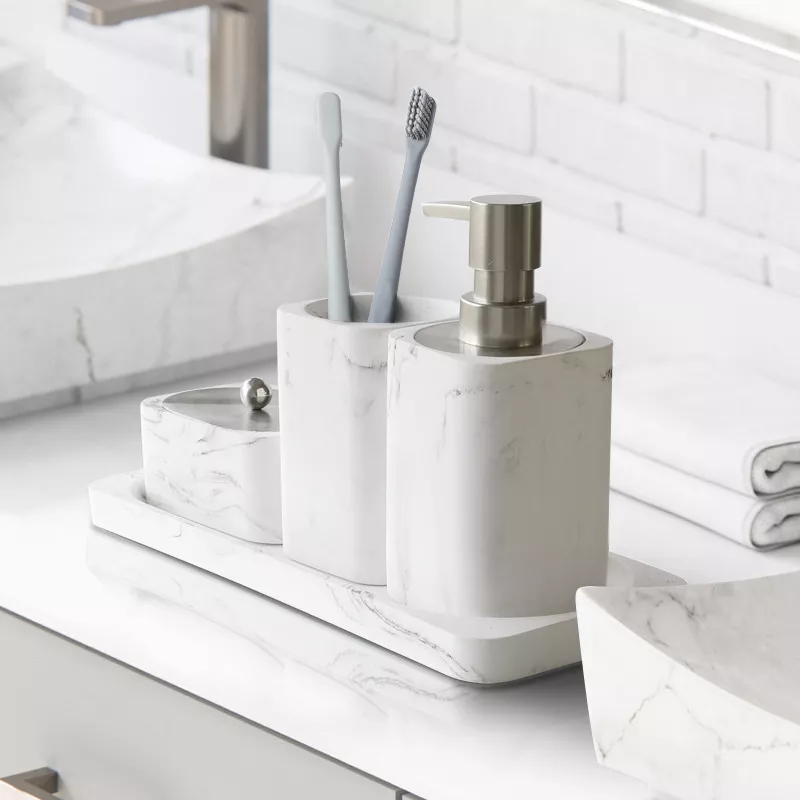 Marble White Bathroom Accessories Set with Soap Dispenser and Toothbrush Holder - Image 3