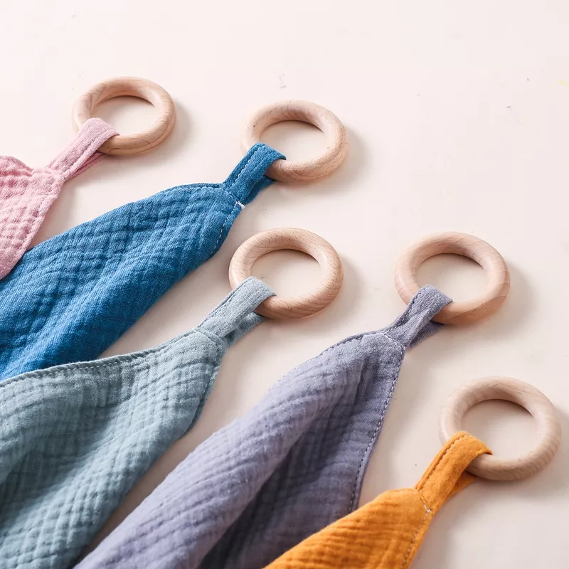 Baby Cotton Soothing Towel with Crochet Wooden Ring - Newborn Teething and Sleep Aid - Image 3
