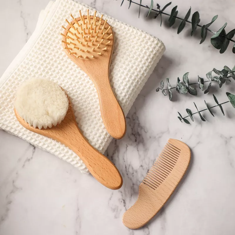 Natural Wooden Baby Hair Brush Set – Soft Wool Massage & Bath Brush - Image 2