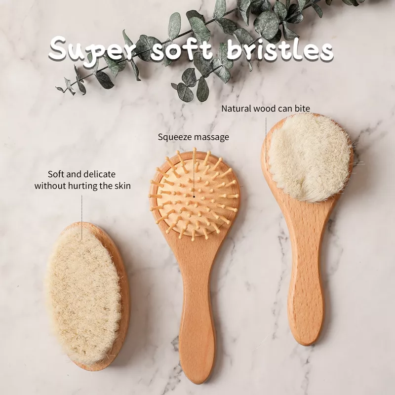 Natural Wooden Baby Hair Brush Set – Soft Wool Massage & Bath Brush - Image 3
