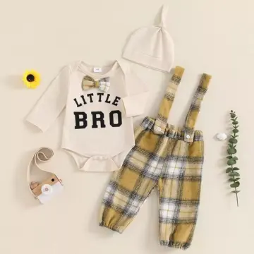 Baby Boys 3-Piece Fall Outfit: Bowtie Romper, Plaid Suspender Pants, and Hat
