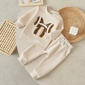 Toddler Girls Fall Outfit - Rugby Bow Embroidery Sweatshirt & Elastic Pants Set