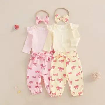 Baby Girl 3-Piece Fall Outfit - Ribbed Romper + Bow Print Pants + Headband Set