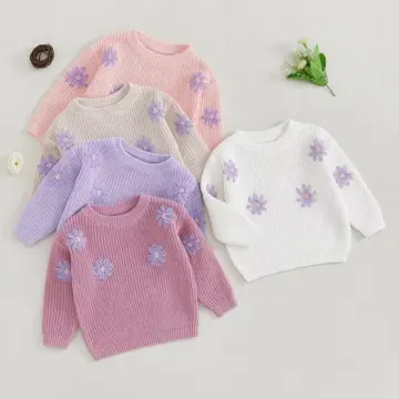 Newborn Baby Girls Fall Winter Knitted Sweater with Flower Embroidery