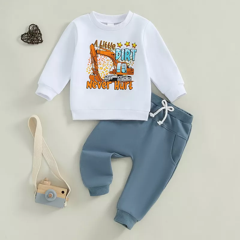 Toddler Boy Autumn Outfit Set: Long Sleeve Excavator Top & Elastic Pants - Image 2