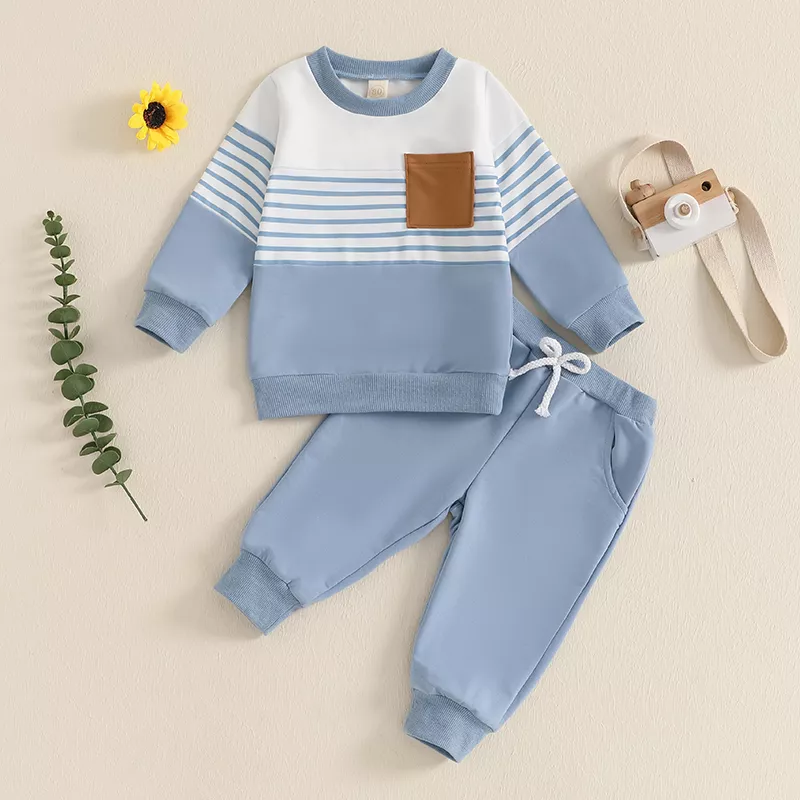 Kids Boys 2-Piece Fall Outfit - Striped Sweatshirt & Elastic Waist Sweatpants Set - Image 3