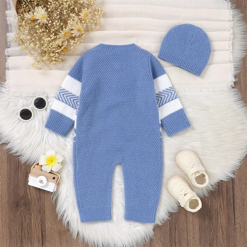 Adorable Baby Knitted Romper and Beanie Set – Long Sleeve, Button Down Jumpsuit - Image 4