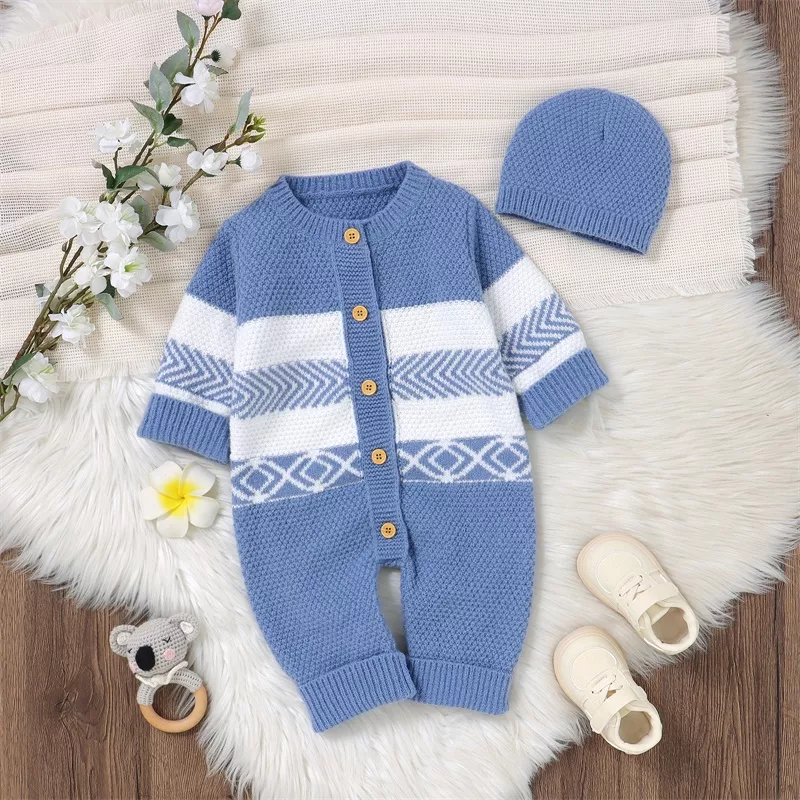 Adorable Baby Knitted Romper and Beanie Set – Long Sleeve, Button Down Jumpsuit - Image 3