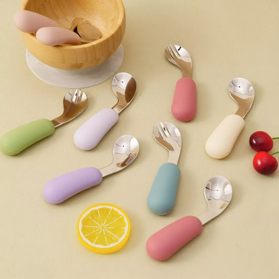 2PCS Baby Silicone and Stainless Steel Utensils - Fork & Spoon Feeding Set - Image 3