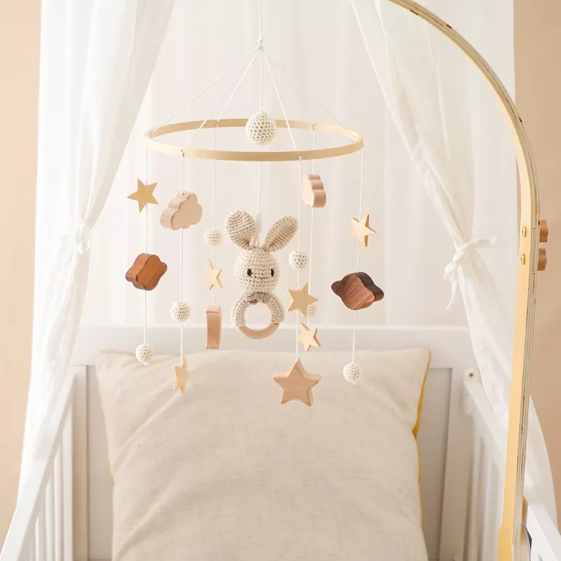 Wooden Rabbit Crib Mobile Bed Bell with Hanging Rattles for Babies - Image 4