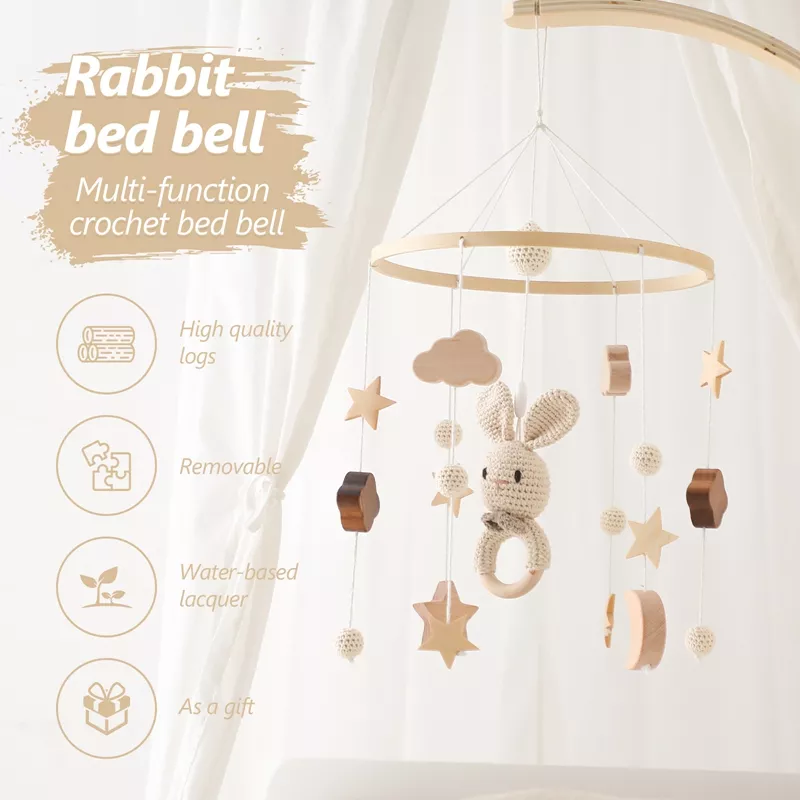 Wooden Rabbit Crib Mobile Bed Bell with Hanging Rattles for Babies - Image 2