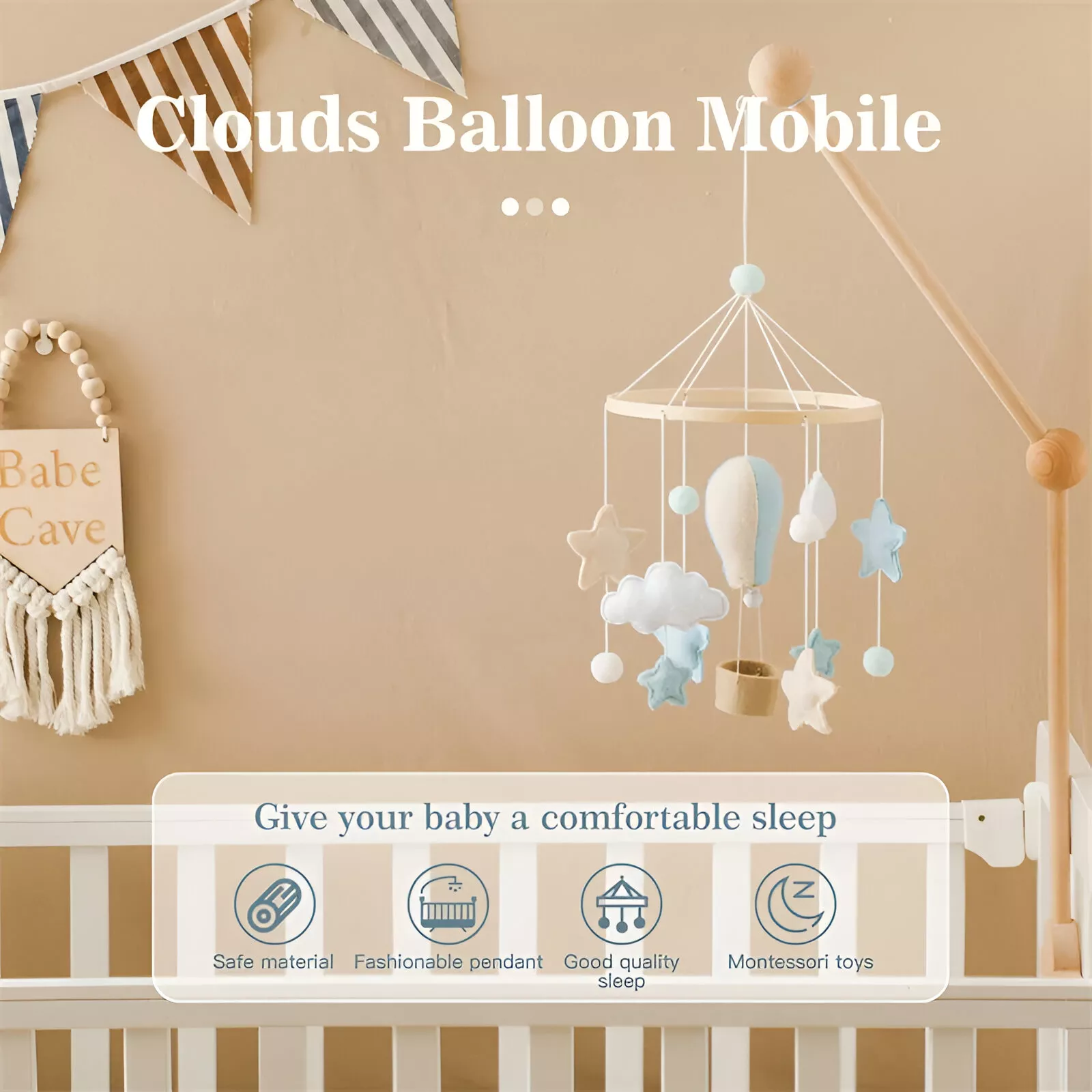 Wooden Baby Crib Mobile with Cloud & Hot Air Balloon Rattle Toy for Newborns - Image 2