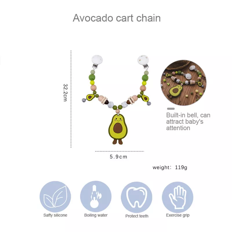 Silicone Baby Teether Pram Clip & Avocado Pendant Stroller Chain Toy - Image 6
