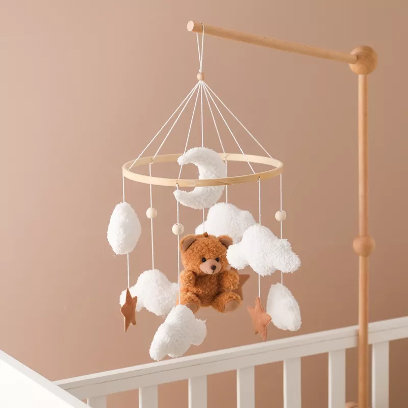 Wooden Baby Crib Mobile with Soft Felt Cartoon Bears and Music Box Option - Image 2