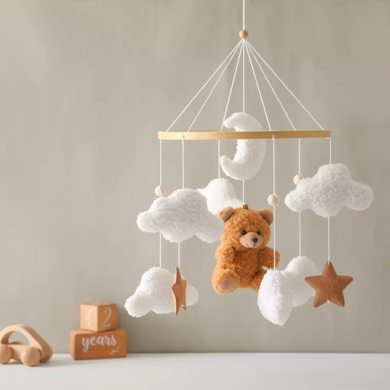 Wooden Baby Crib Mobile with Soft Felt Cartoon Bears and Music Box Option - Image 5