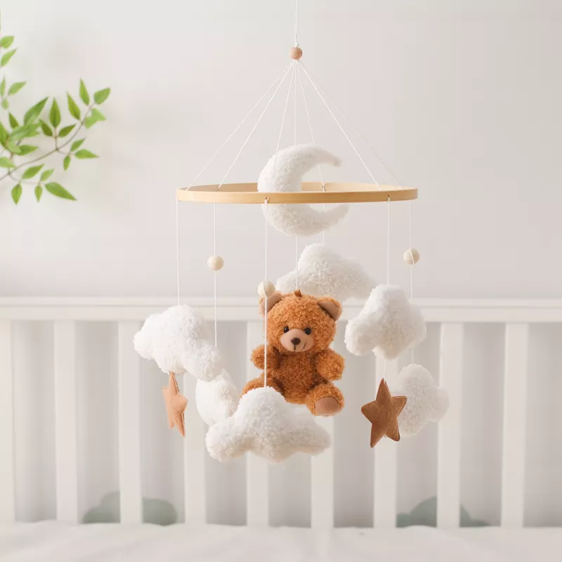 Wooden Baby Crib Mobile with Soft Felt Cartoon Bears and Music Box Option - Image 9
