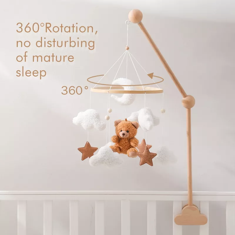 Wooden Baby Crib Mobile with Soft Felt Cartoon Bears and Music Box Option - Image 6