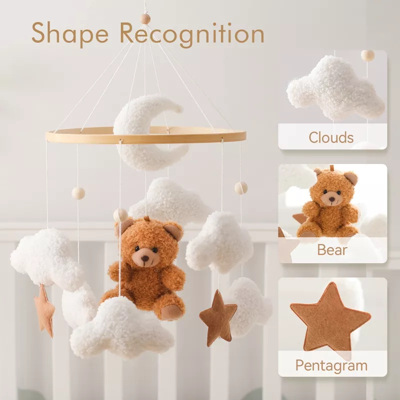 Wooden Baby Crib Mobile with Soft Felt Cartoon Bears and Music Box Option - Image 4