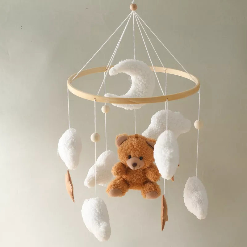 Wooden Baby Crib Mobile with Soft Felt Cartoon Bears and Music Box Option - Image 7
