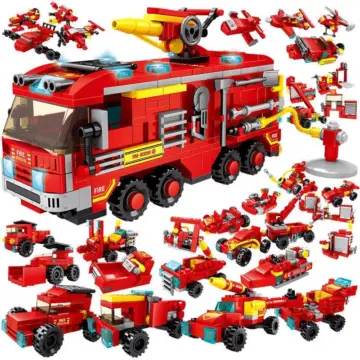 Fire Station Building Block Set with Fire Truck and Helicopter