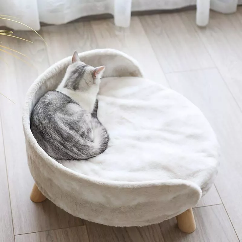Large Luxury Soft Cat Bed with Warm Plush Fabric and Wood Legs