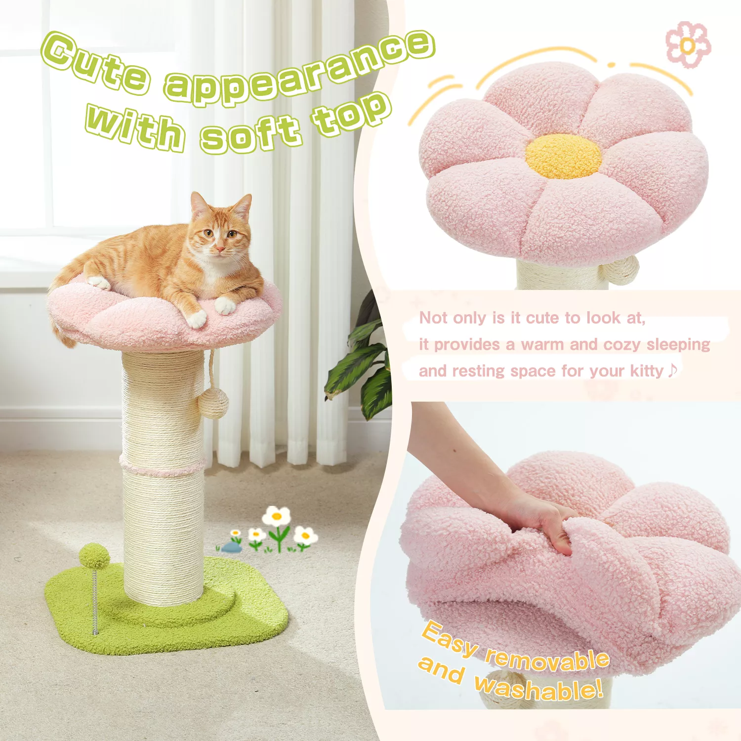 Flower Cat Scratching Post with Super Thick Sisal Post and Removable Perch Mat - Image 5