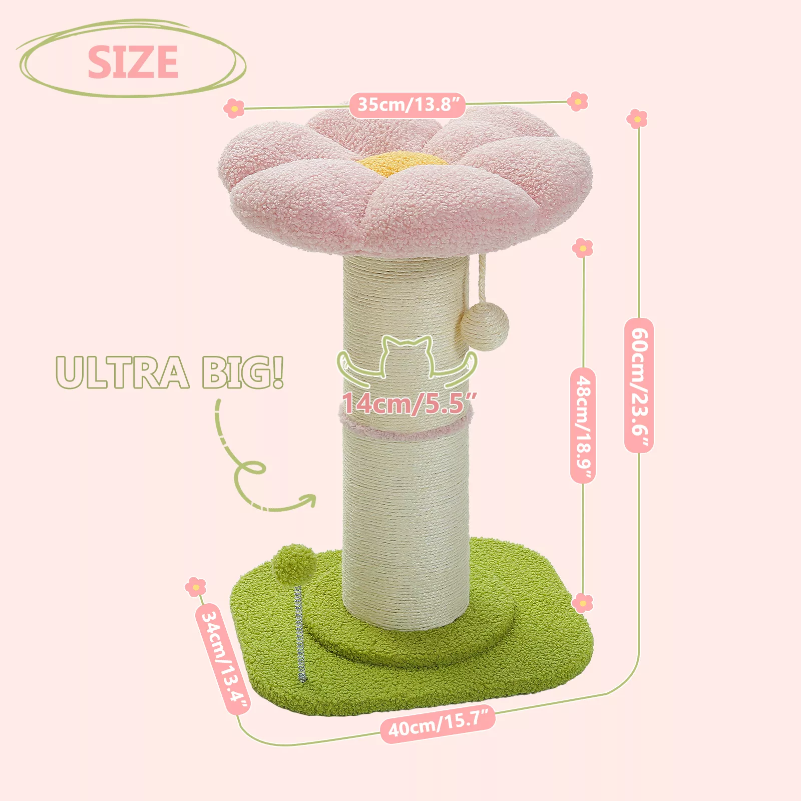 Flower Cat Scratching Post with Super Thick Sisal Post and Removable Perch Mat - Image 7