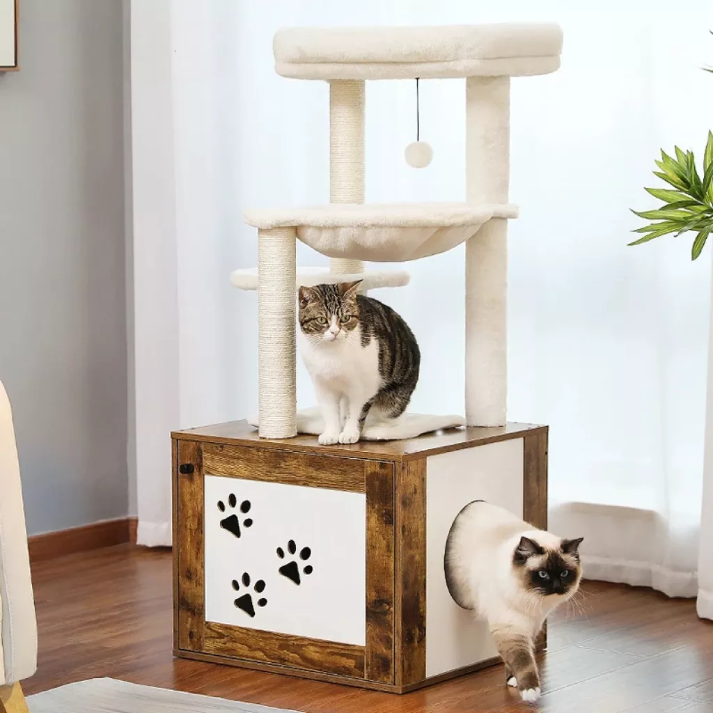 Luxury Cat Tree with Litter Box & Storage Cabinet