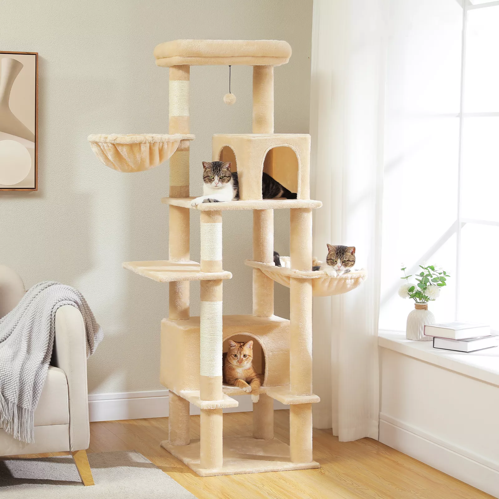 Multi-Level Cat Tree Tower with Sisal Scratching Post, Cat Condos & Cozy Hammock - Image 3